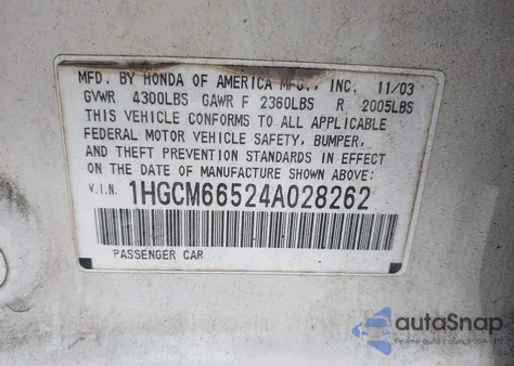 2004 Honda Accord 3.0 Ex z USA, uszkodzony, nr VIN 1HGCM66524A028262